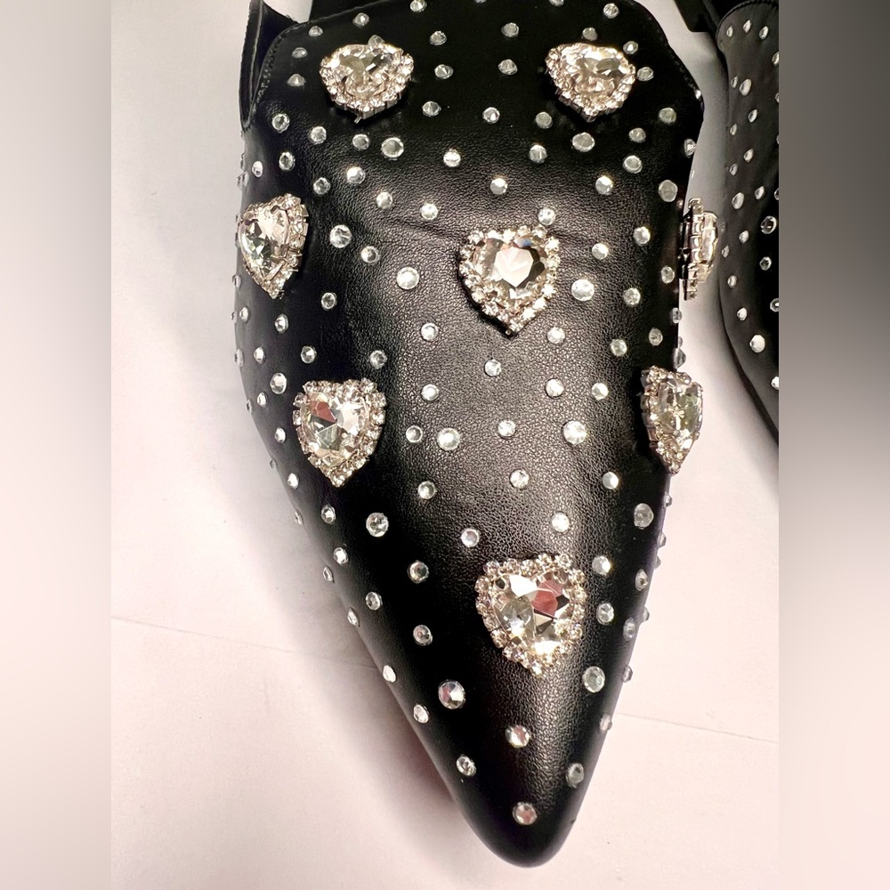 Heart Rhinestone Studded Loafers/Flat Mules Embellished w/ Crystal Accents Gems - Picture 5 of 8